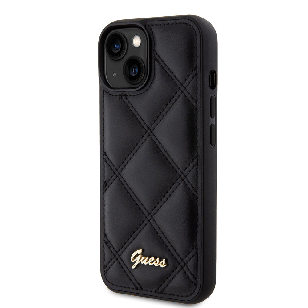 iPhone 15 Kılıf Guess Orjinal Lisanslı PU Deri Metal Yazı Logolu Kapitone Kapak