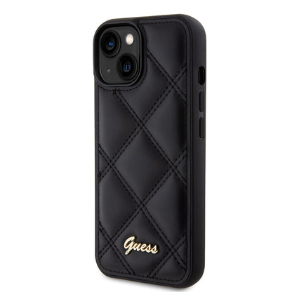iPhone 15 Kılıf Guess Orjinal Lisanslı PU Deri Metal Yazı Logolu Kapitone Kapak