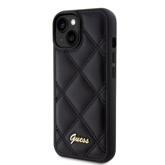 iPhone 15 Kılıf Guess Orjinal Lisanslı PU Deri Metal Yazı Logolu Kapitone Kapak
