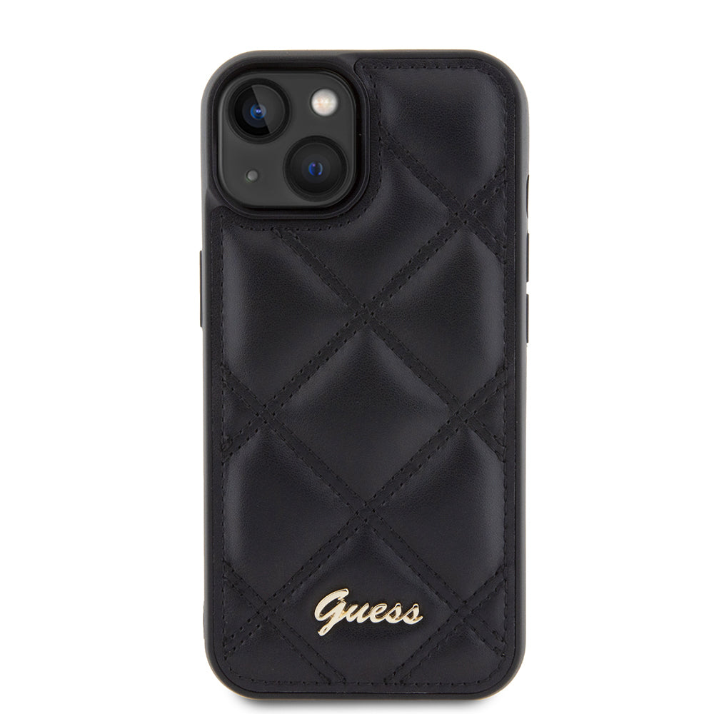 iPhone 15 Kılıf Guess Orjinal Lisanslı PU Deri Metal Yazı Logolu Kapitone Kapak