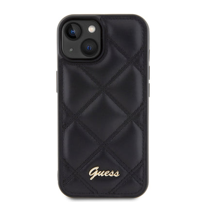 iPhone 15 Kılıf Guess Orjinal Lisanslı PU Deri Metal Yazı Logolu Kapitone Kapak