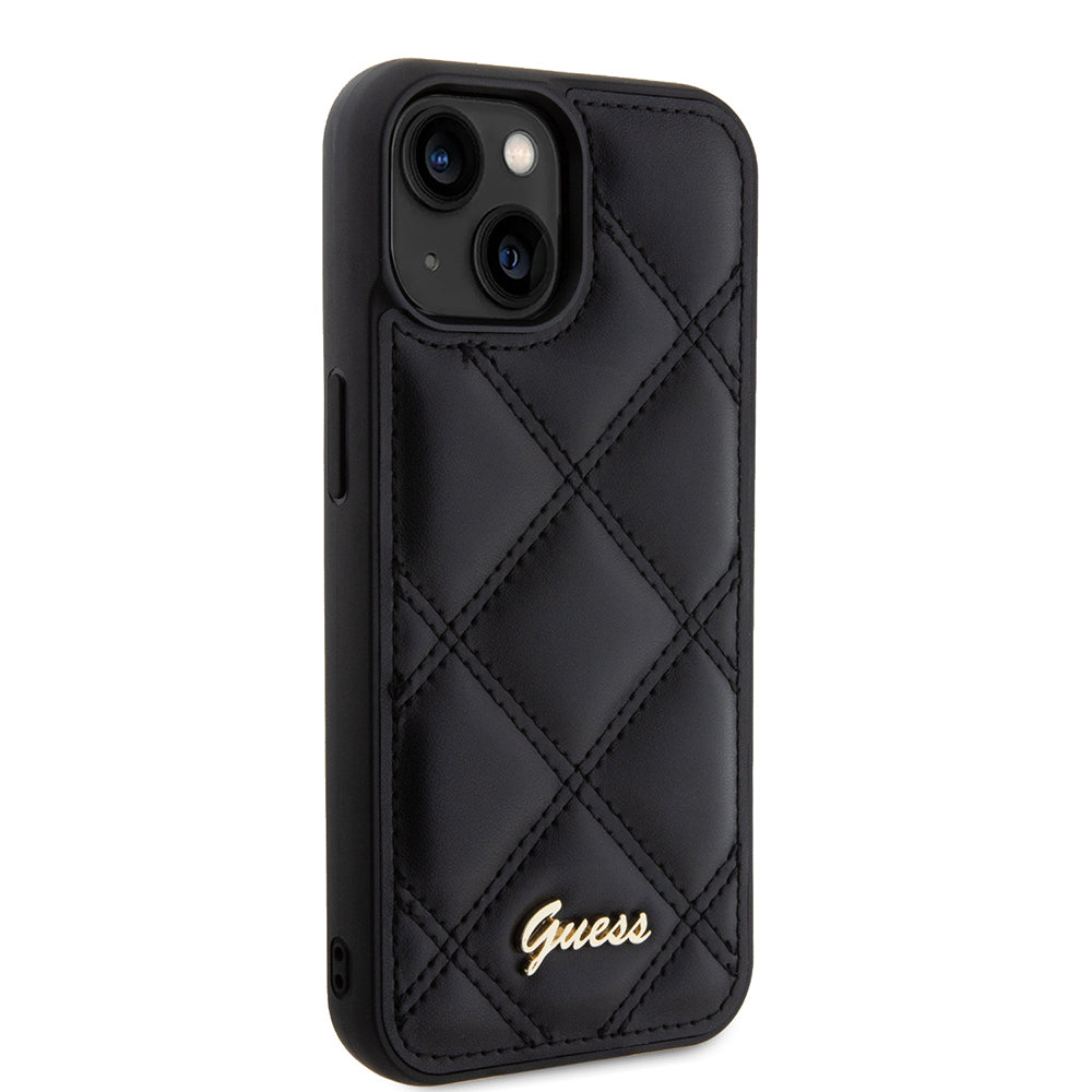 iPhone 15 Kılıf Guess Orjinal Lisanslı PU Deri Metal Yazı Logolu Kapitone Kapak