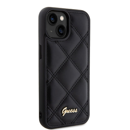iPhone 15 Kılıf Guess Orjinal Lisanslı PU Deri Metal Yazı Logolu Kapitone Kapak