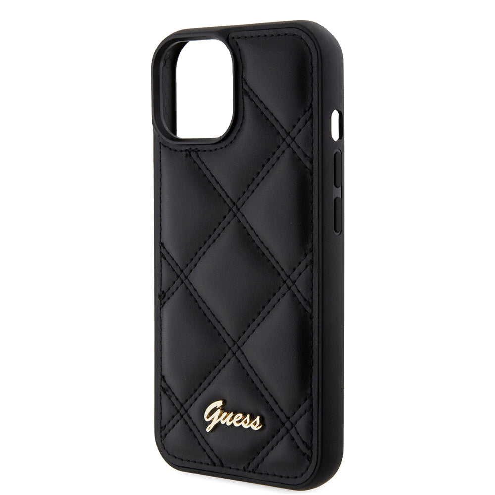 iPhone 15 Kılıf Guess Orjinal Lisanslı PU Deri Metal Yazı Logolu Kapitone Kapak
