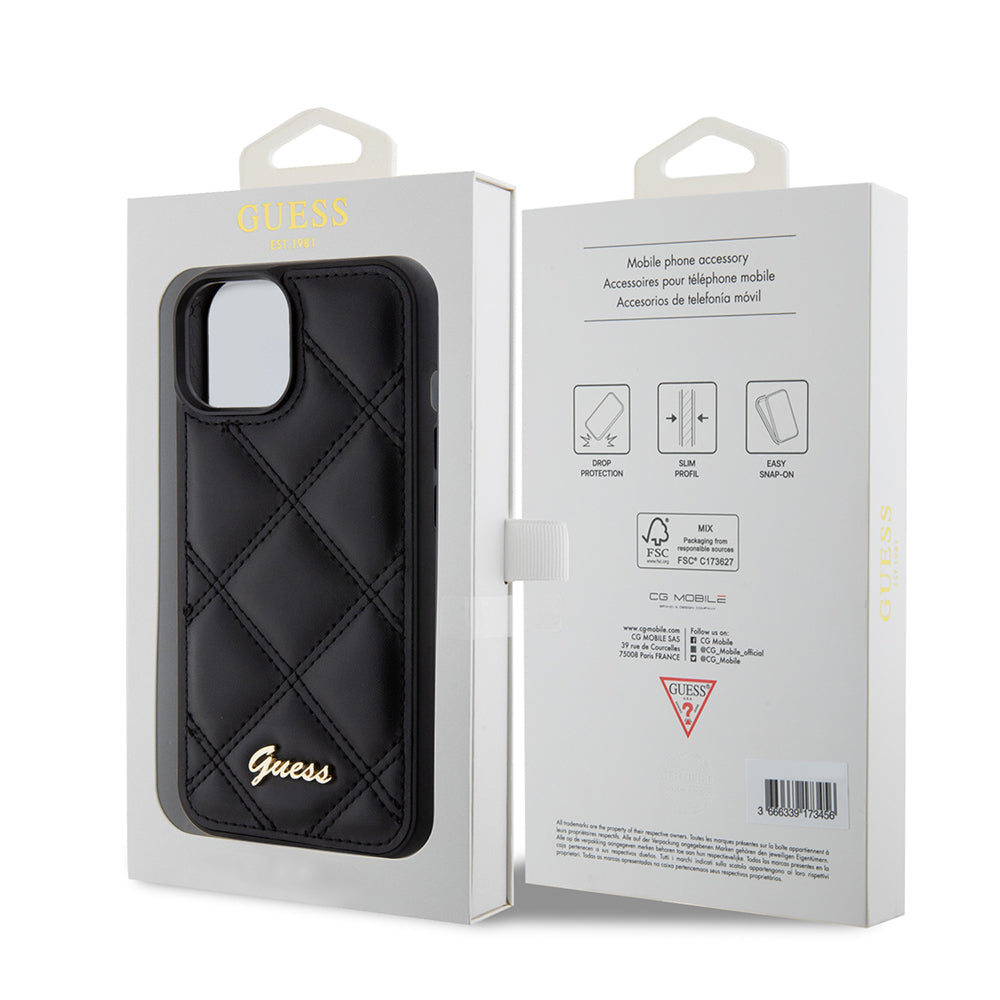 iPhone 15 Kılıf Guess Orjinal Lisanslı PU Deri Metal Yazı Logolu Kapitone Kapak