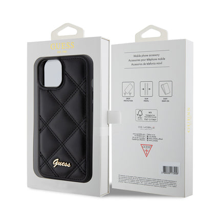 iPhone 15 Kılıf Guess Orjinal Lisanslı PU Deri Metal Yazı Logolu Kapitone Kapak