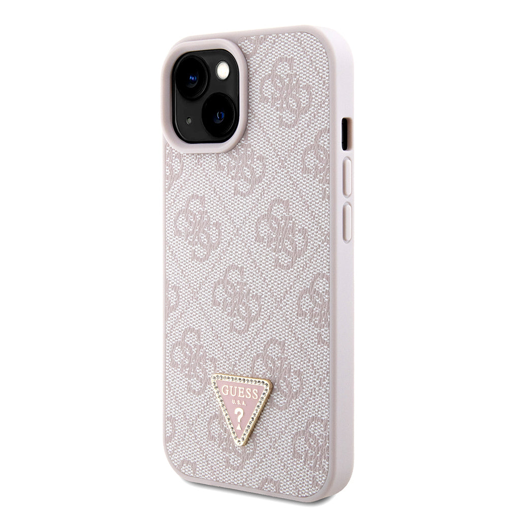 iPhone 15 Kılıf Guess Orjinal Lisanslı PU Deri Taşlı Metal Üçgen Logolu Çapraz Vücut Askılı 4G Desenli Kapak