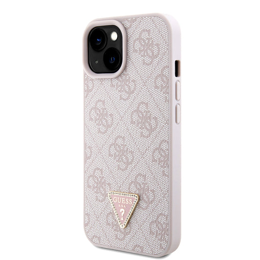 iPhone 15 Kılıf Guess Orjinal Lisanslı PU Deri Taşlı Metal Üçgen Logolu Çapraz Vücut Askılı 4G Desenli Kapak
