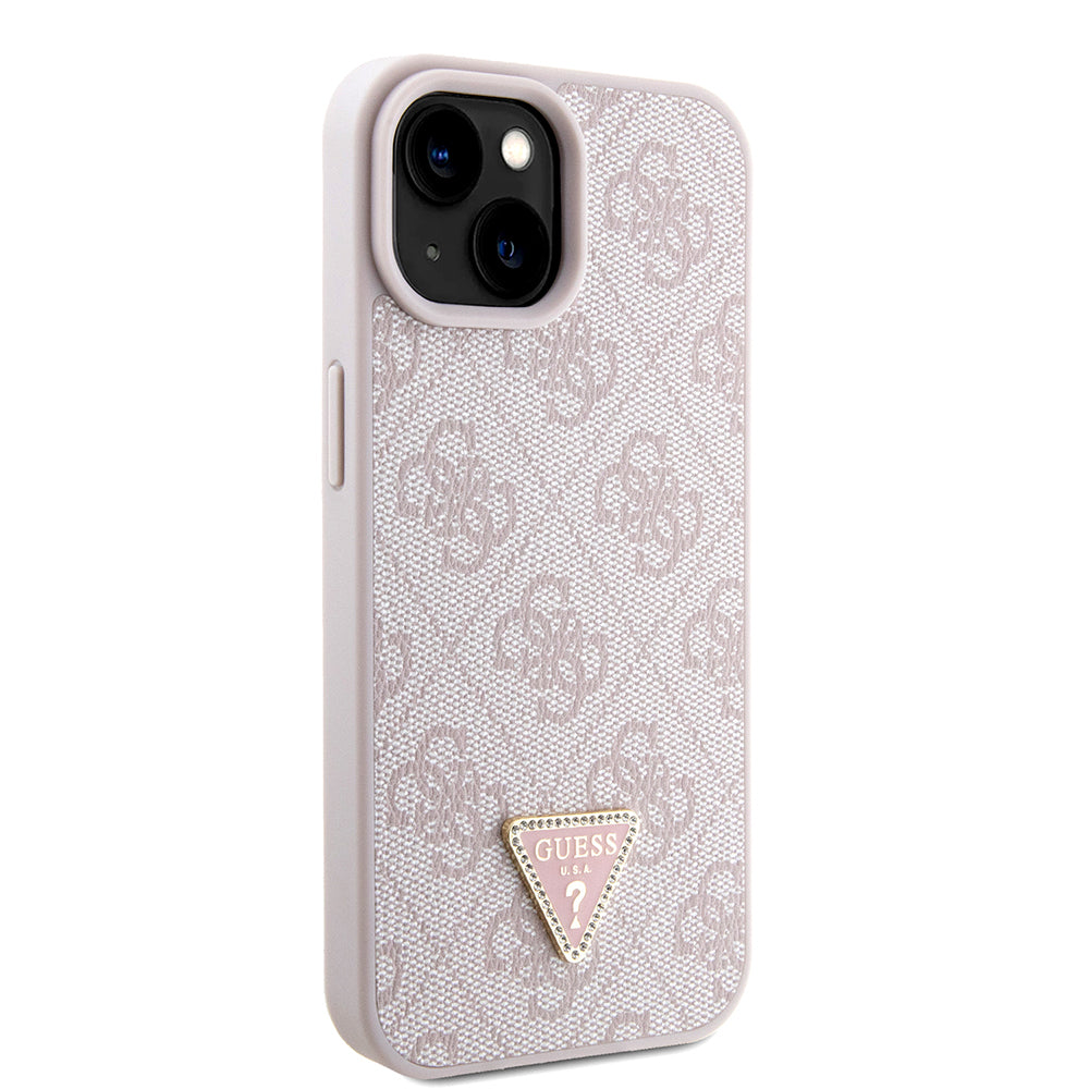 iPhone 15 Kılıf Guess Orjinal Lisanslı PU Deri Taşlı Metal Üçgen Logolu Çapraz Vücut Askılı 4G Desenli Kapak