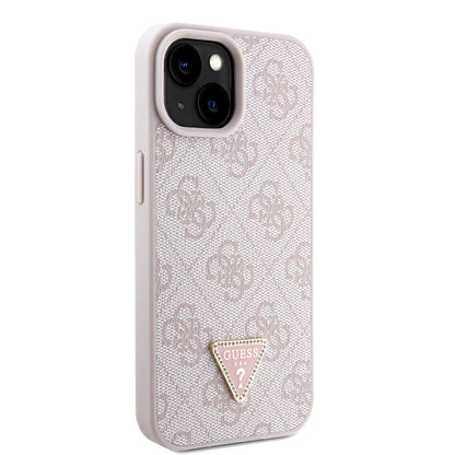 iPhone 15 Kılıf Guess Orjinal Lisanslı PU Deri Taşlı Metal Üçgen Logolu Çapraz Vücut Askılı 4G Desenli Kapak