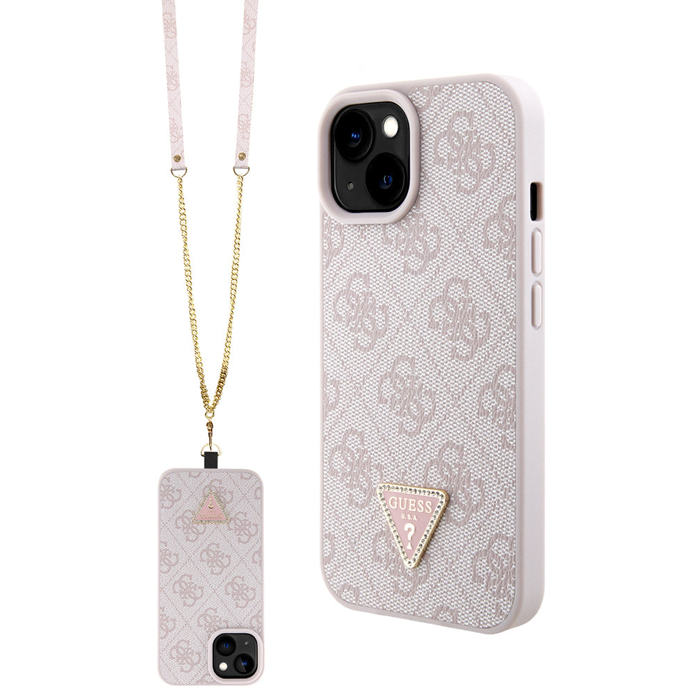 iPhone 15 Kılıf Guess Orjinal Lisanslı PU Deri Taşlı Metal Üçgen Logolu Çapraz Vücut Askılı 4G Desenli Kapak