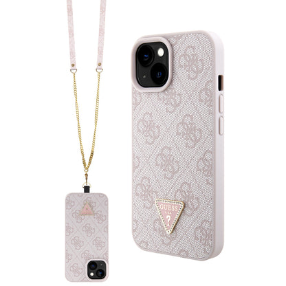 iPhone 15 Kılıf Guess Orjinal Lisanslı PU Deri Taşlı Metal Üçgen Logolu Çapraz Vücut Askılı 4G Desenli Kapak