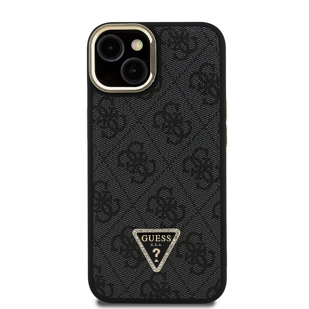 iPhone 15 Kılıf Guess Orjinal Lisanslı PU Deri Taşlı Üçgen Logo 4G Desenli Kamera Standlı Kapak