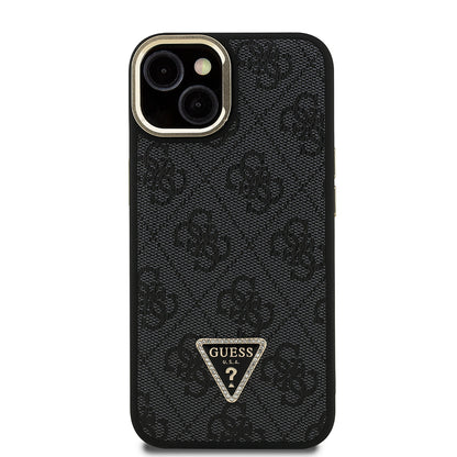 iPhone 15 Kılıf Guess Orjinal Lisanslı PU Deri Taşlı Üçgen Logo 4G Desenli Kamera Standlı Kapak