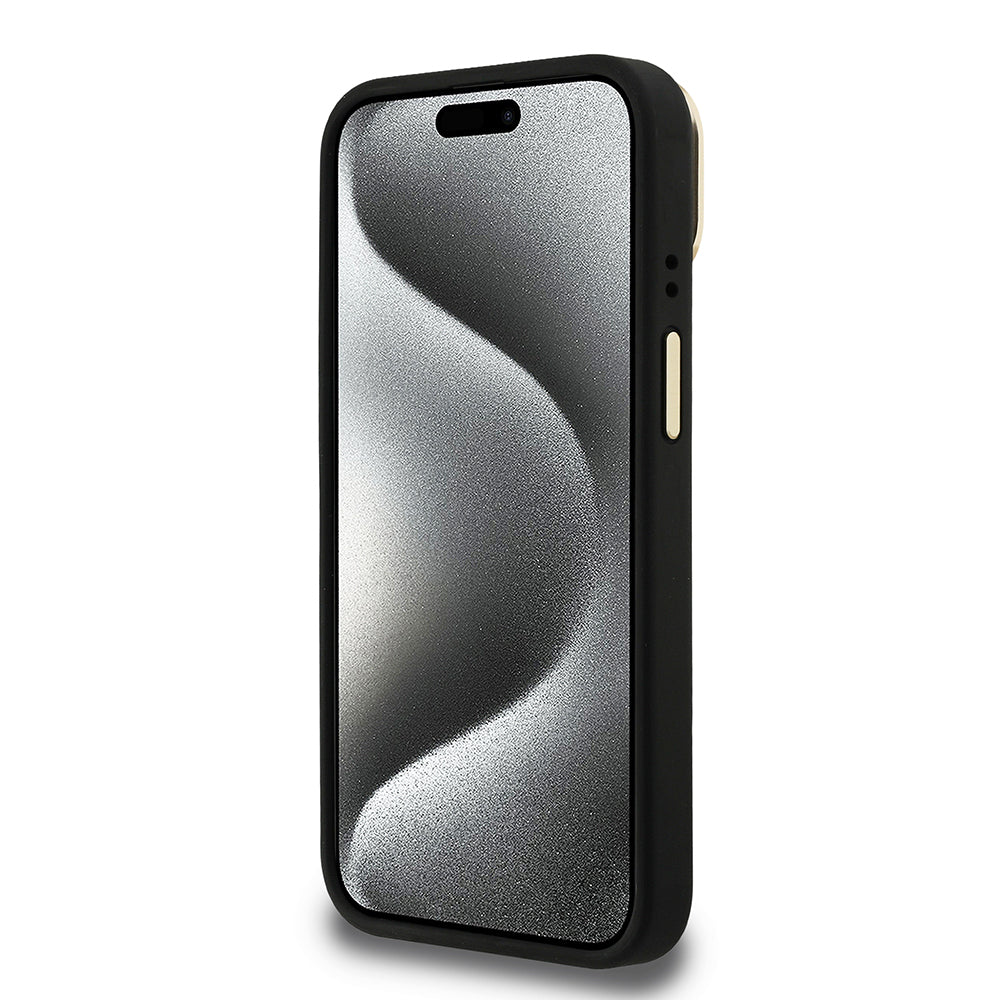 iPhone 15 Kılıf Guess Orjinal Lisanslı PU Deri Taşlı Üçgen Logo 4G Desenli Kamera Standlı Kapak