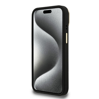 iPhone 15 Kılıf Guess Orjinal Lisanslı PU Deri Taşlı Üçgen Logo 4G Desenli Kamera Standlı Kapak