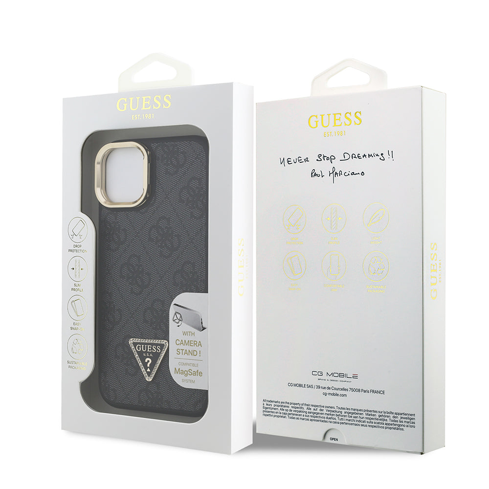 iPhone 15 Kılıf Guess Orjinal Lisanslı PU Deri Taşlı Üçgen Logo 4G Desenli Kamera Standlı Kapak