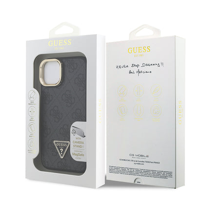 iPhone 15 Kılıf Guess Orjinal Lisanslı PU Deri Taşlı Üçgen Logo 4G Desenli Kamera Standlı Kapak