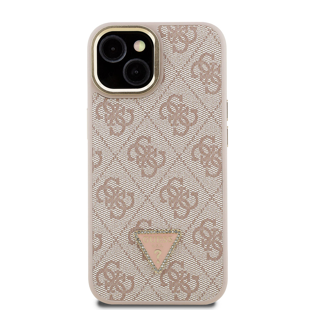 iPhone 15 Kılıf Guess Orjinal Lisanslı PU Deri Taşlı Üçgen Logo 4G Desenli Kamera Standlı Kapak