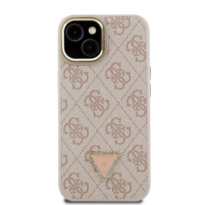 iPhone 15 Kılıf Guess Orjinal Lisanslı PU Deri Taşlı Üçgen Logo 4G Desenli Kamera Standlı Kapak