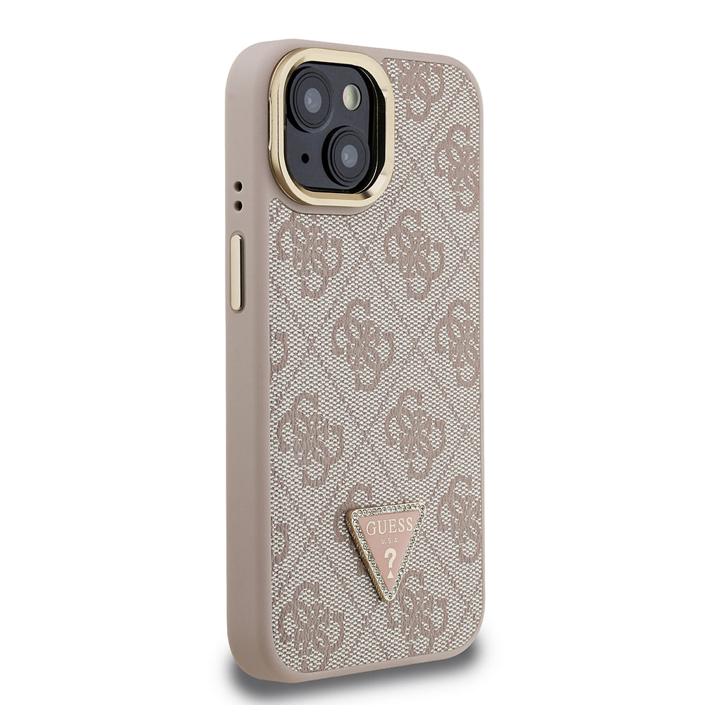iPhone 15 Kılıf Guess Orjinal Lisanslı PU Deri Taşlı Üçgen Logo 4G Desenli Kamera Standlı Kapak