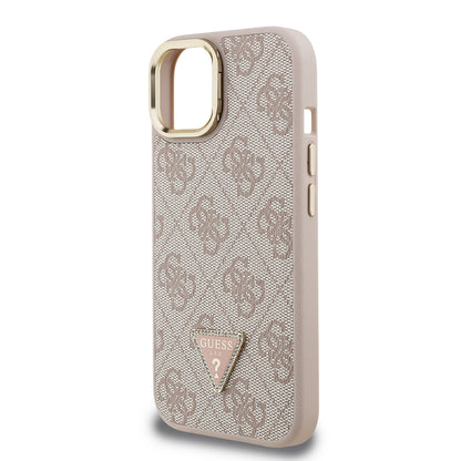 iPhone 15 Kılıf Guess Orjinal Lisanslı PU Deri Taşlı Üçgen Logo 4G Desenli Kamera Standlı Kapak