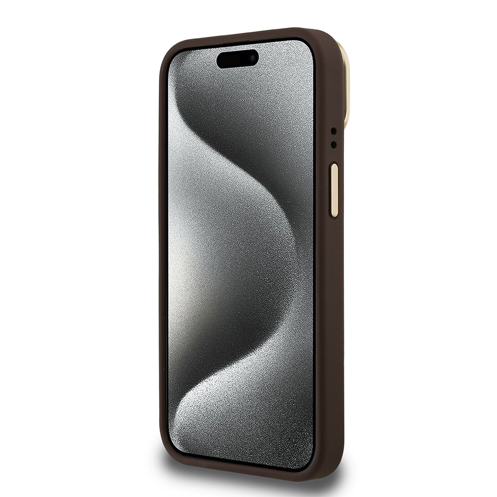 iPhone 15 Kılıf Guess Orjinal Lisanslı PU Deri Taşlı Üçgen Logo 4G Desenli Kamera Standlı Kapak