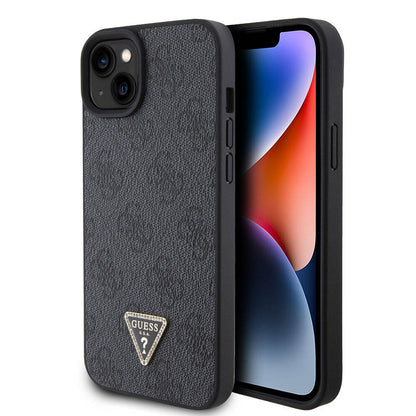 iPhone 15 Kılıf Guess Orjinal Lisanslı PU Deri Taşlı Üçgen Logo 4G Desenli Strass Kapak