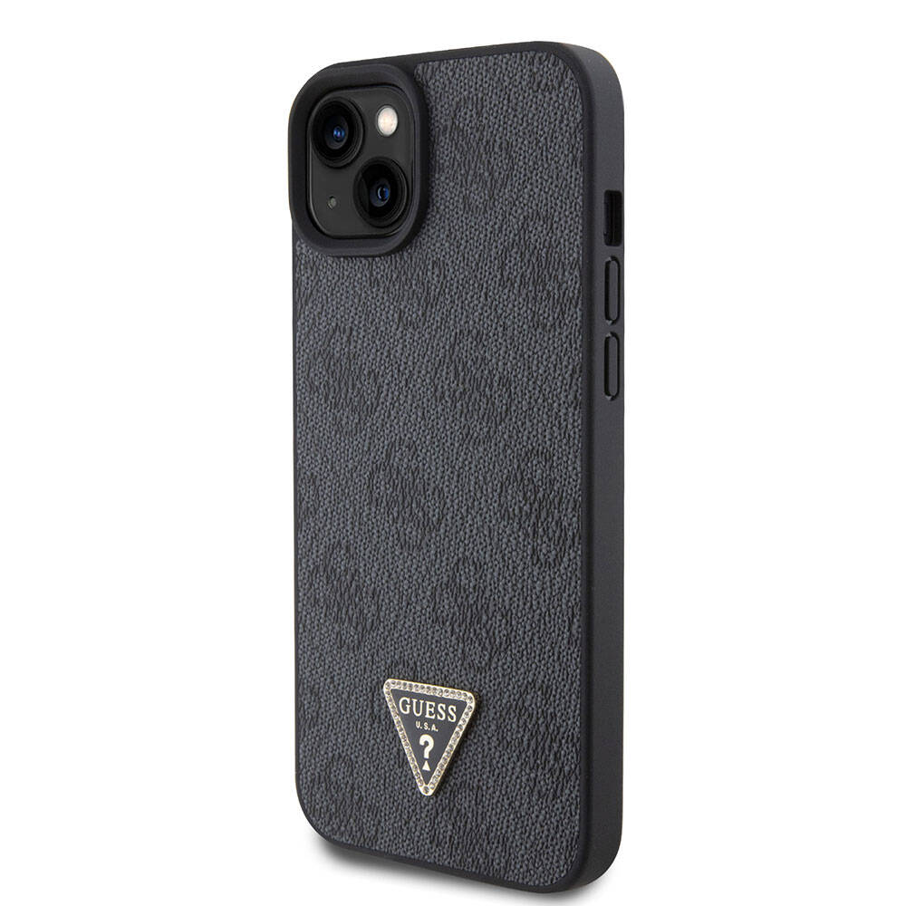 iPhone 15 Kılıf Guess Orjinal Lisanslı PU Deri Taşlı Üçgen Logo 4G Desenli Strass Kapak