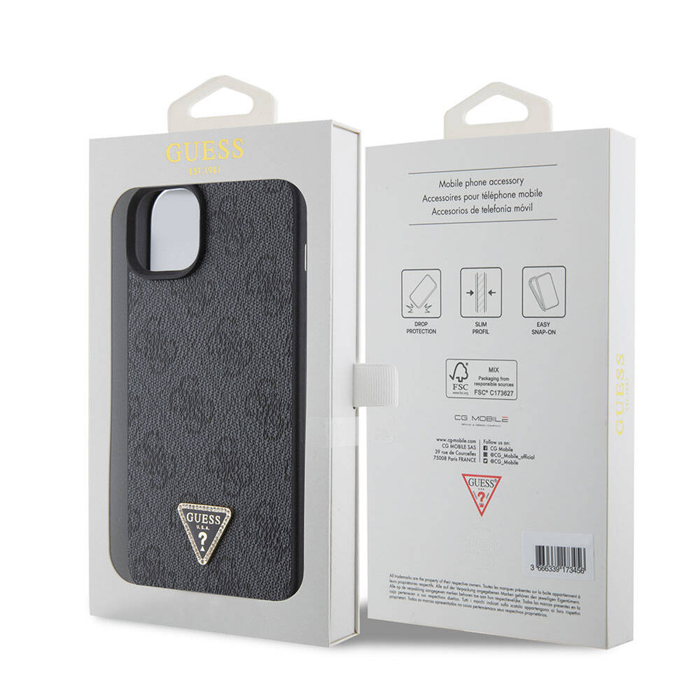 iPhone 15 Kılıf Guess Orjinal Lisanslı PU Deri Taşlı Üçgen Logo 4G Desenli Strass Kapak