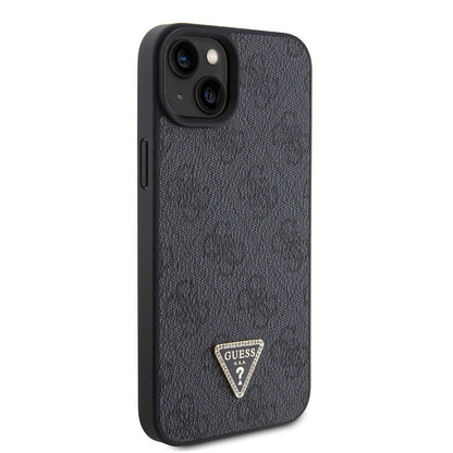iPhone 15 Kılıf Guess Orjinal Lisanslı PU Deri Taşlı Üçgen Logo 4G Desenli Strass Kapak