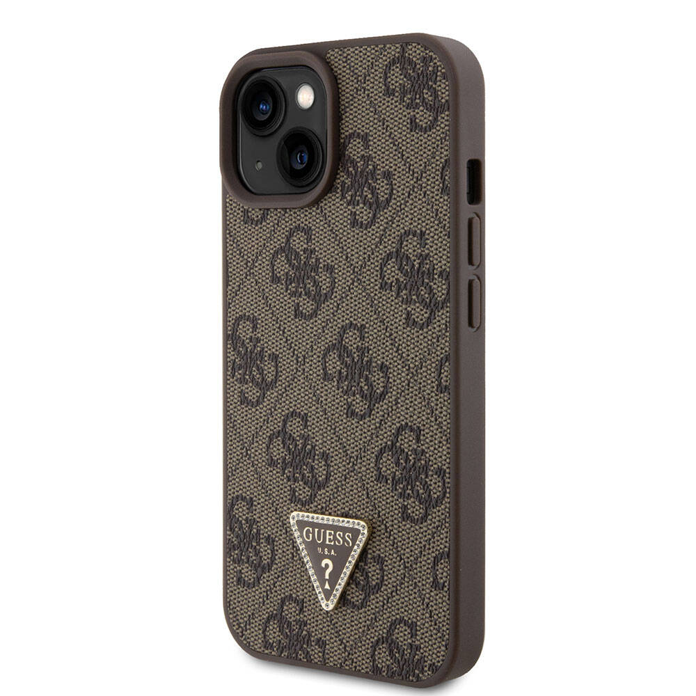 iPhone 15 Kılıf Guess Orjinal Lisanslı PU Deri Taşlı Üçgen Logo 4G Desenli Strass Kapak