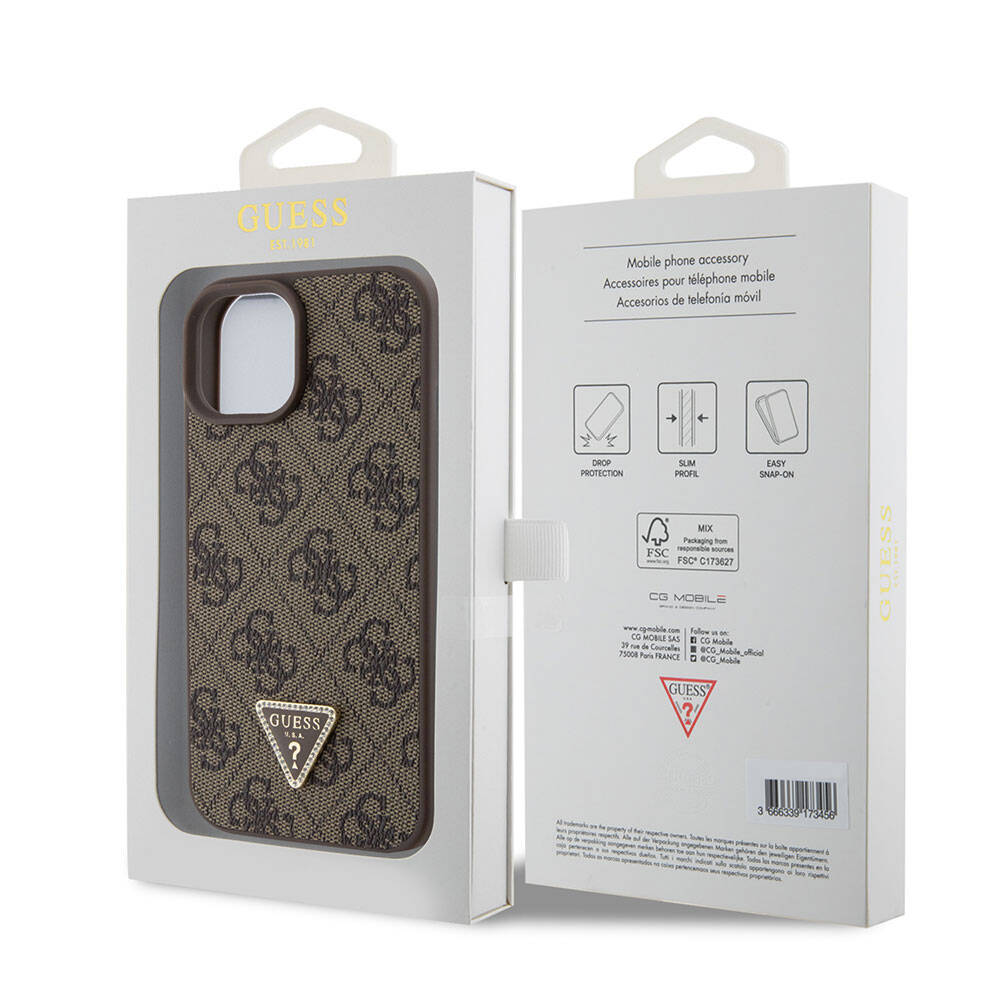 iPhone 15 Kılıf Guess Orjinal Lisanslı PU Deri Taşlı Üçgen Logo 4G Desenli Strass Kapak