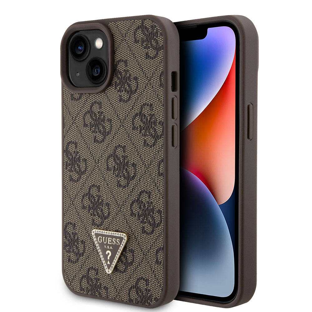 iPhone 15 Kılıf Guess Orjinal Lisanslı PU Deri Taşlı Üçgen Logo 4G Desenli Strass Kapak