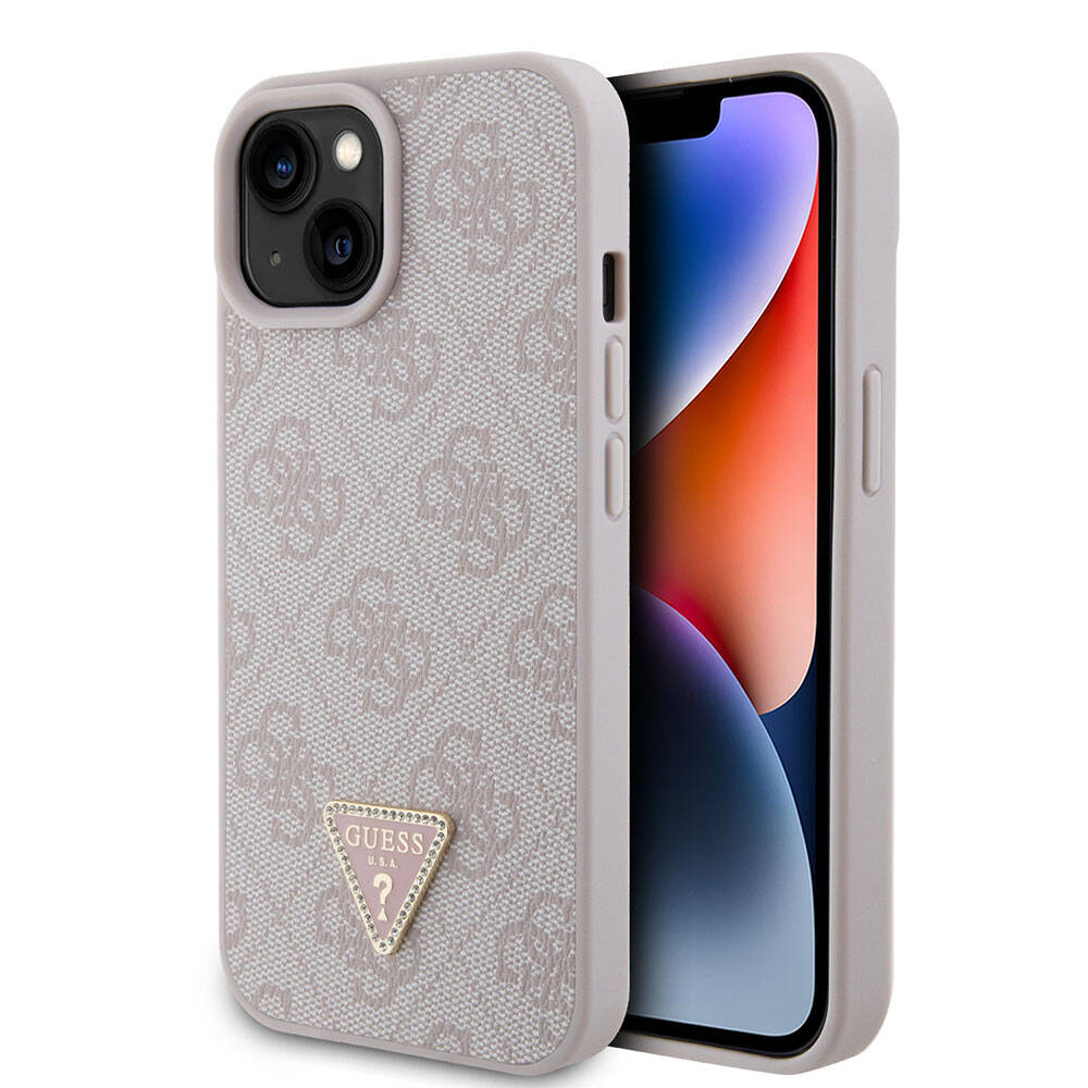 iPhone 15 Kılıf Guess Orjinal Lisanslı PU Deri Taşlı Üçgen Logo 4G Desenli Strass Kapak