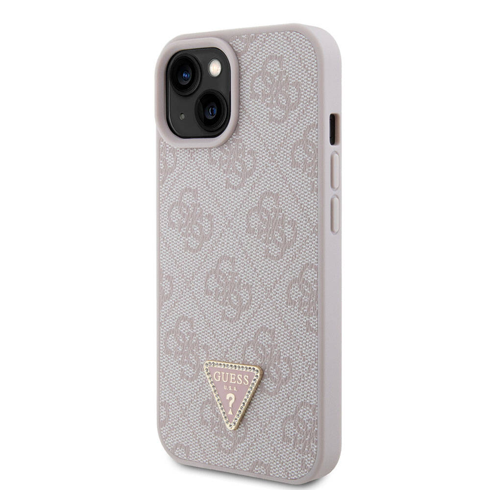 iPhone 15 Kılıf Guess Orjinal Lisanslı PU Deri Taşlı Üçgen Logo 4G Desenli Strass Kapak