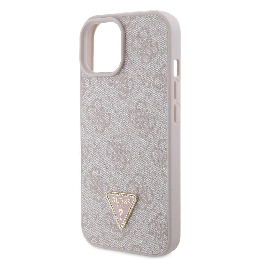 iPhone 15 Kılıf Guess Orjinal Lisanslı PU Deri Taşlı Üçgen Logo 4G Desenli Strass Kapak