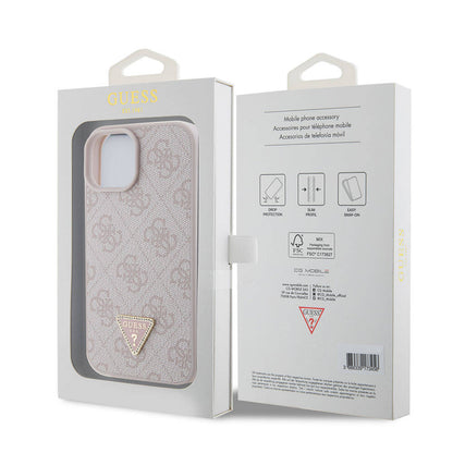 iPhone 15 Kılıf Guess Orjinal Lisanslı PU Deri Taşlı Üçgen Logo 4G Desenli Strass Kapak