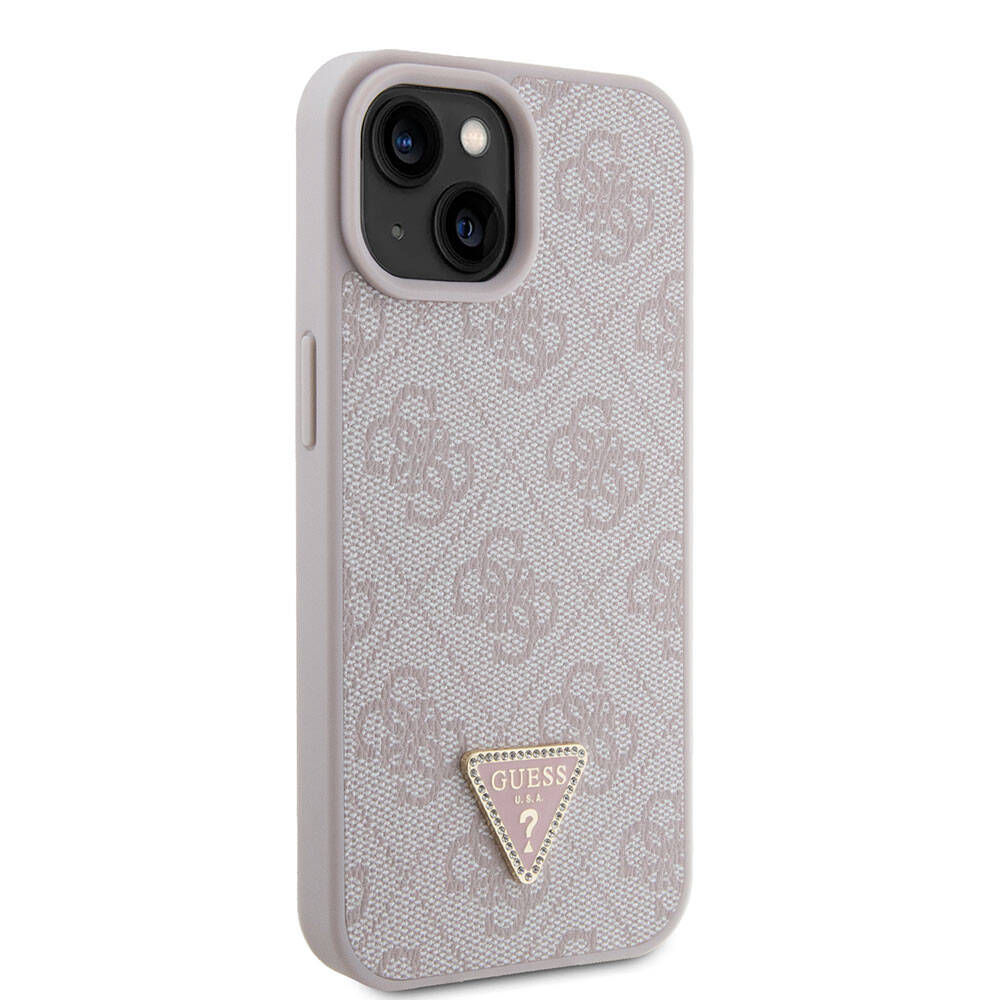 iPhone 15 Kılıf Guess Orjinal Lisanslı PU Deri Taşlı Üçgen Logo 4G Desenli Strass Kapak