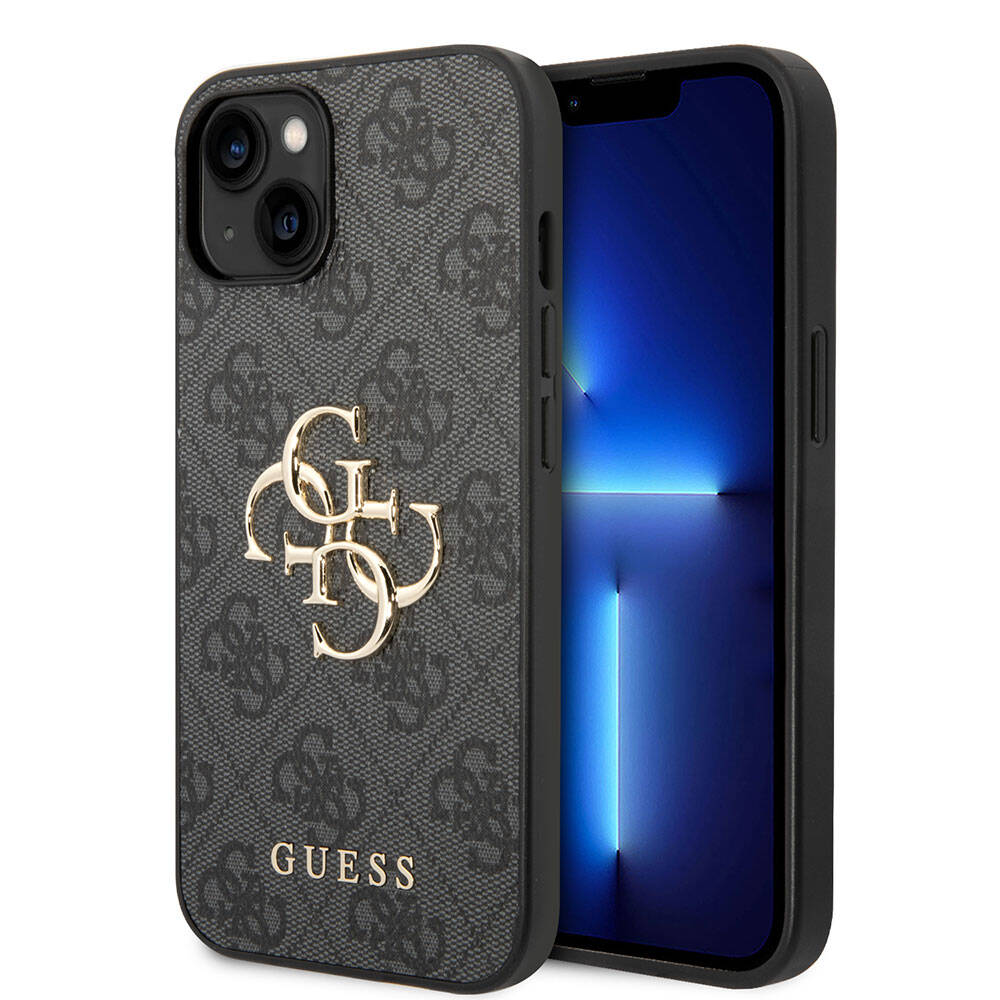 iPhone 15 Kılıf Guess Orjinal Lisanslı PU Deri Yazı ve 4G Metal Logolu Desenli Kapak