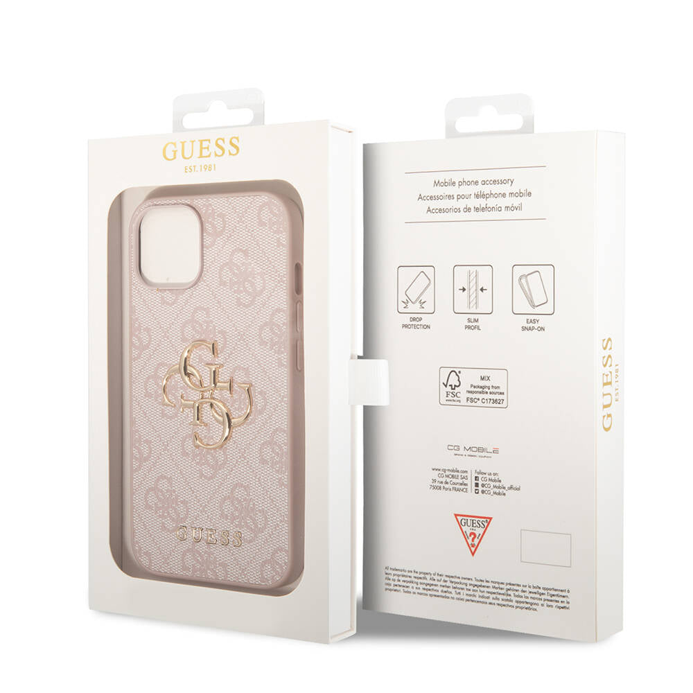iPhone 15 Kılıf Guess Orjinal Lisanslı PU Deri Yazı ve 4G Metal Logolu Desenli Kapak