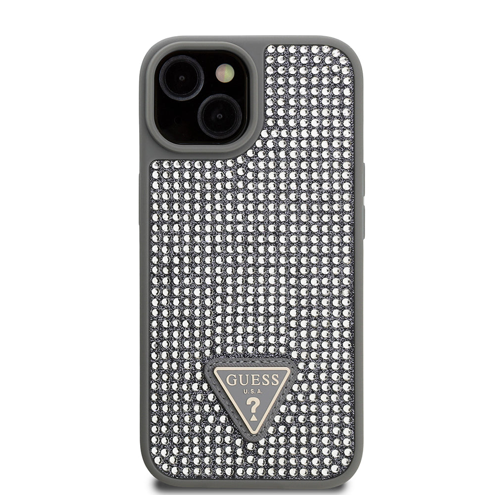 iPhone 15 Kılıf Guess Orjinal Lisanslı Taşlı Arka Yüzey Üçgen Logolu Kapak