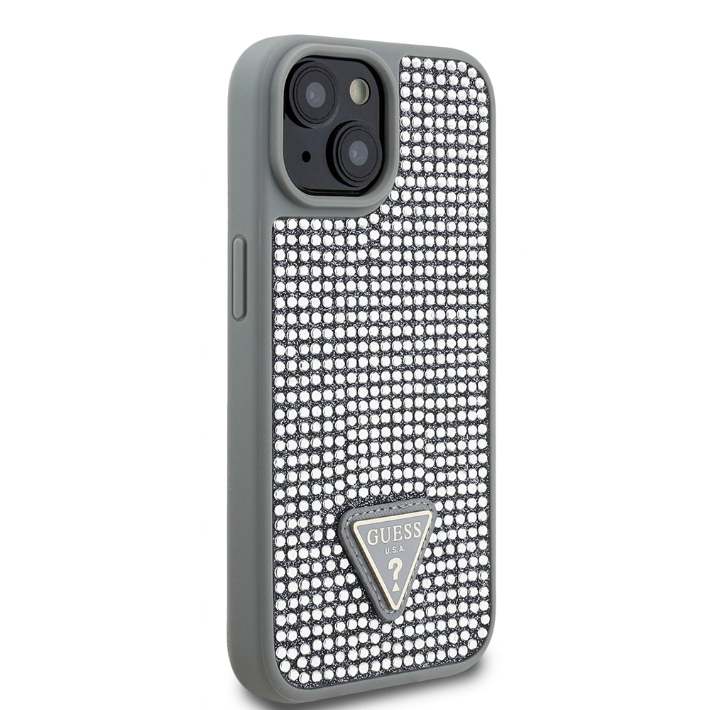 iPhone 15 Kılıf Guess Orjinal Lisanslı Taşlı Arka Yüzey Üçgen Logolu Kapak