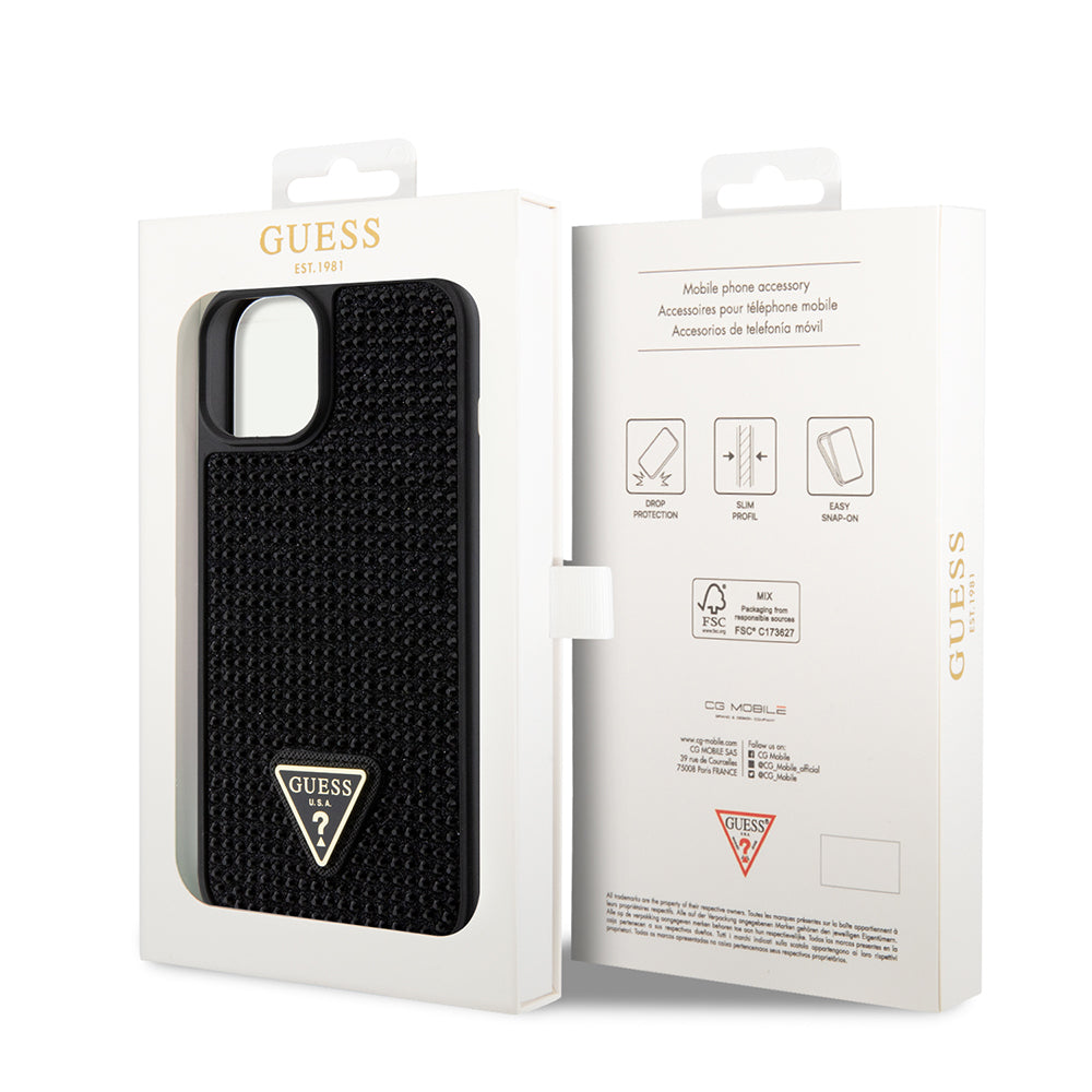 iPhone 15 Kılıf Guess Orjinal Lisanslı Taşlı Arka Yüzey Üçgen Logolu Kapak