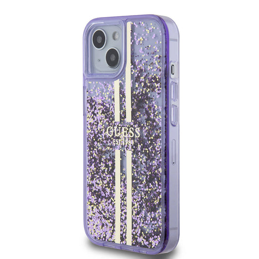 iPhone 15 Kılıf Guess Orjinal Lisanslı Transparan Sıvılı Simli Altın Çizgili Kapak