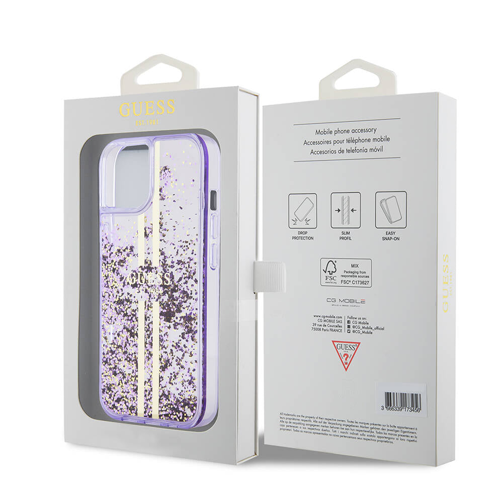 iPhone 15 Kılıf Guess Orjinal Lisanslı Transparan Sıvılı Simli Altın Çizgili Kapak