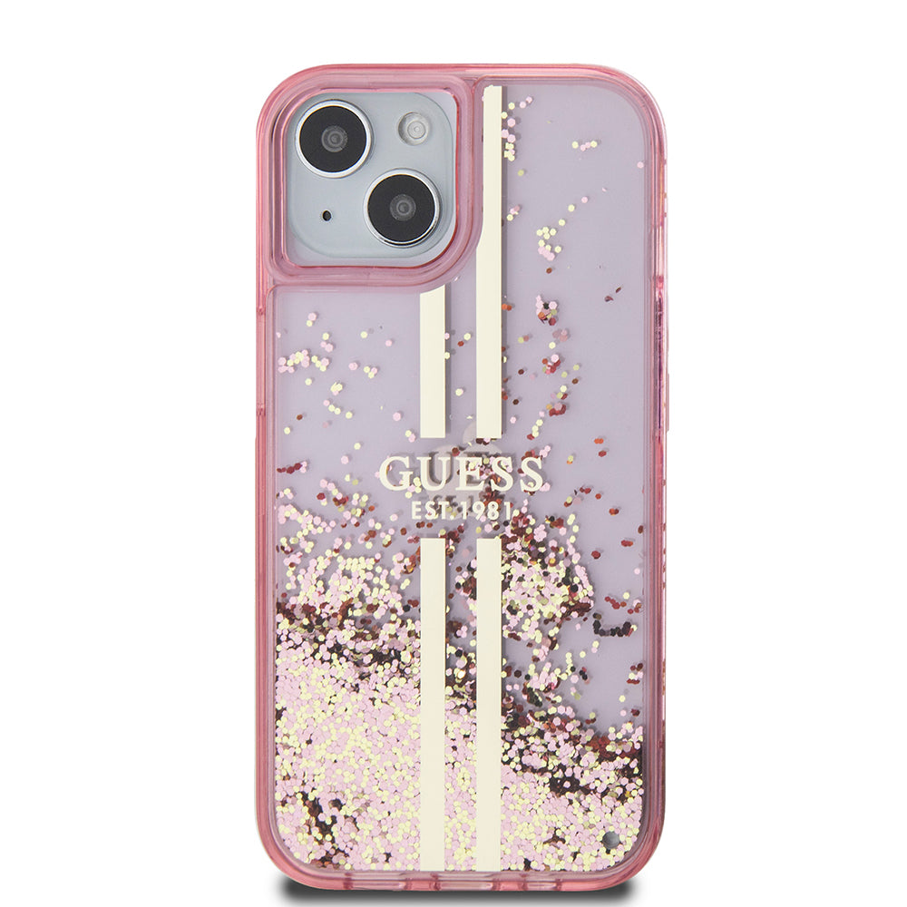 iPhone 15 Kılıf Guess Orjinal Lisanslı Transparan Sıvılı Simli Altın Çizgili Kapak