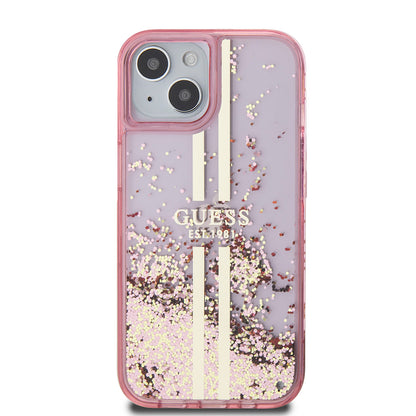 iPhone 15 Kılıf Guess Orjinal Lisanslı Transparan Sıvılı Simli Altın Çizgili Kapak