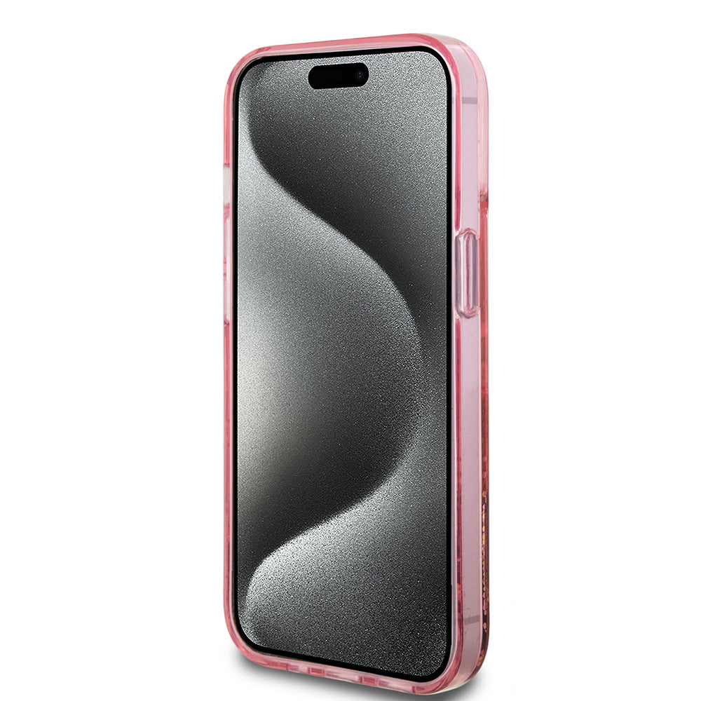 iPhone 15 Kılıf Guess Orjinal Lisanslı Transparan Sıvılı Simli Altın Çizgili Kapak