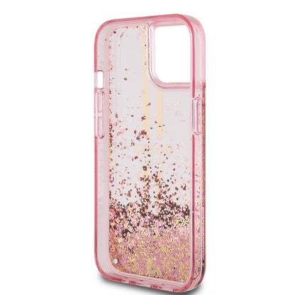 iPhone 15 Kılıf Guess Orjinal Lisanslı Transparan Sıvılı Simli Altın Çizgili Kapak